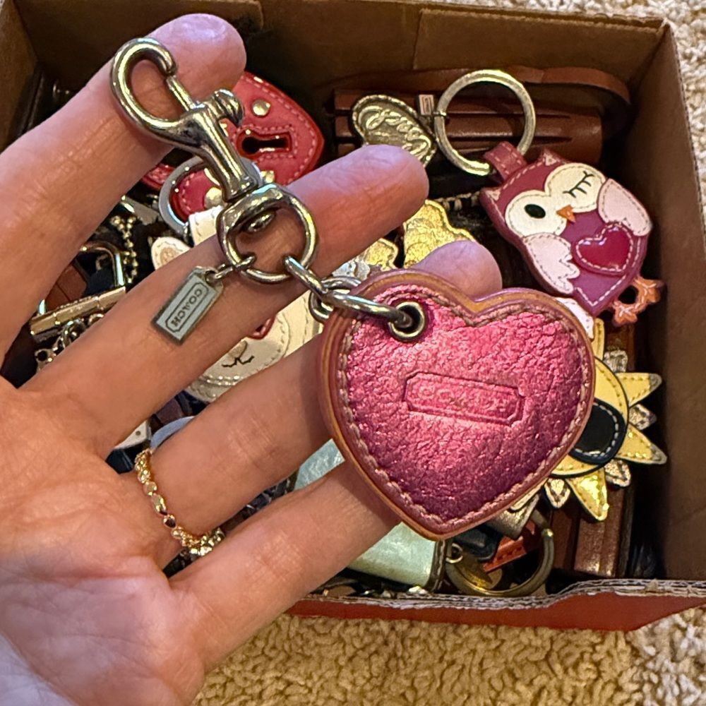 COACH LEATHER HEART BAG CHARM KEYCHAIN FOB HANGTAG STACKED 3D IRIDESCENT PINK